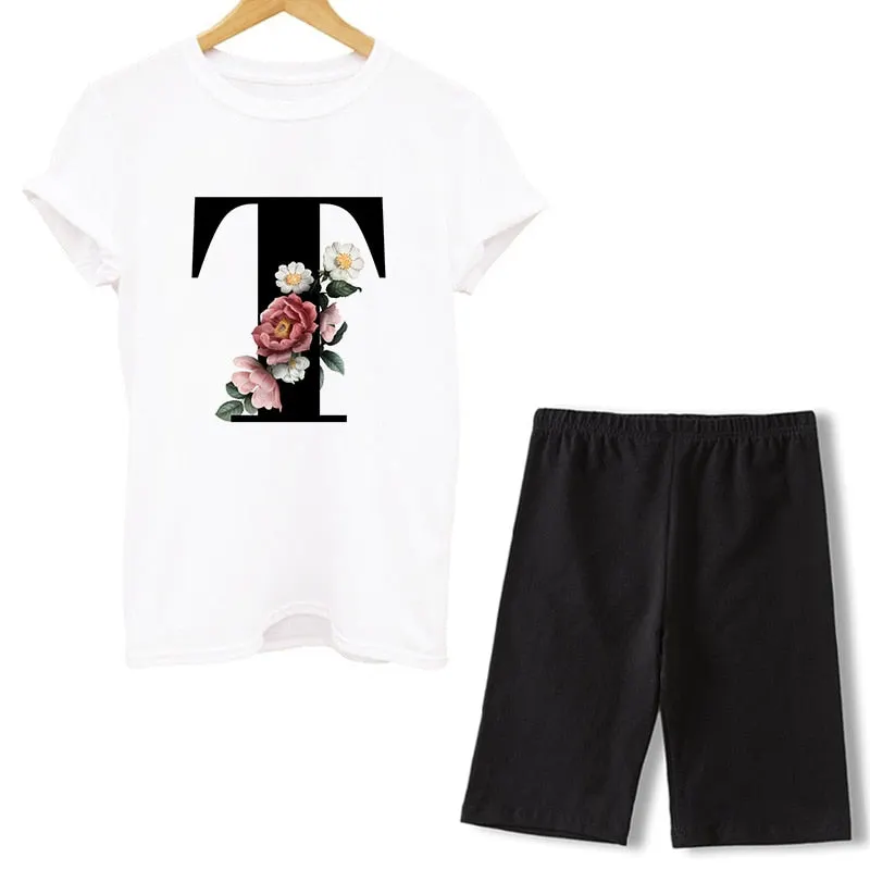 Women Two Piece Set Letter T Shirts And Shorts Sets Summer Short Sleeve O-neck Casual Biker Tracksuit Sexy Outfit For Woman 2