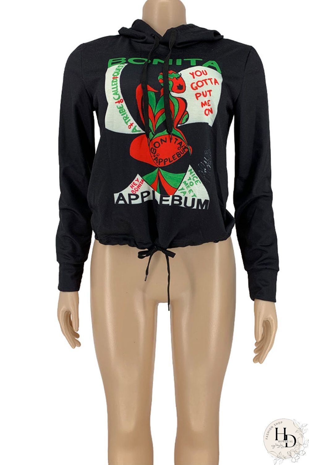 Red Street Print Hooded Collar Mid Waist Tops