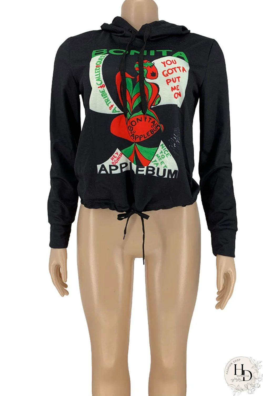 Red Street Print Hooded Collar Mid Waist Tops