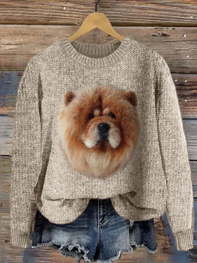VChics Fluffy Chow Chow Dog Felt Cozy Knit Sweater