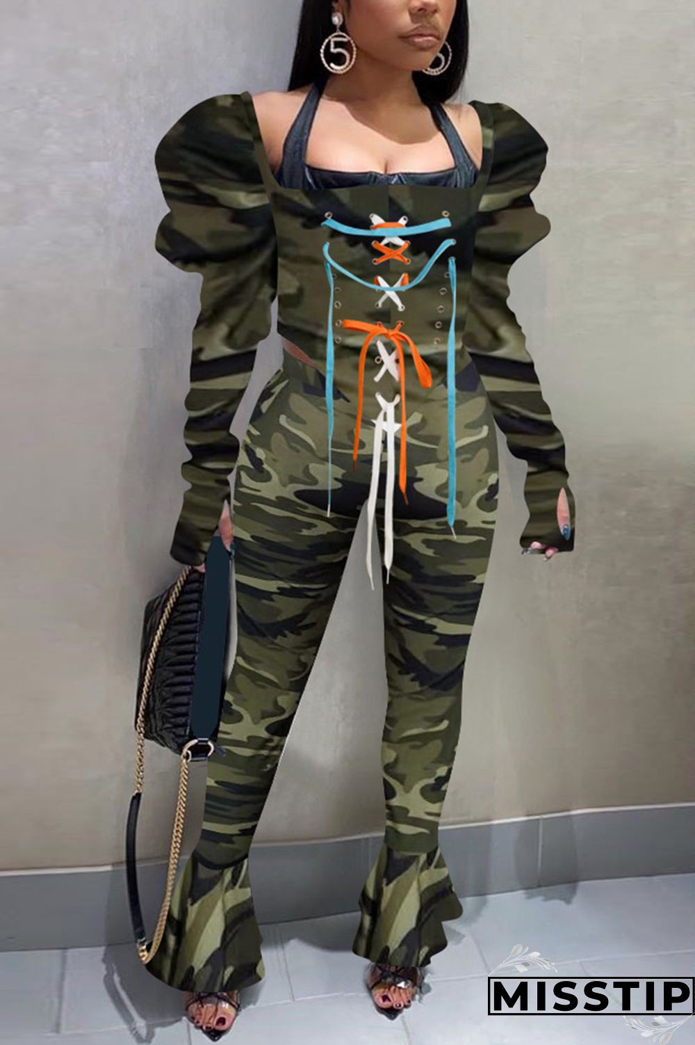 Deep Blue Sexy Casual Camouflage Print Strap Design Square Collar Long Sleeve Two Pieces