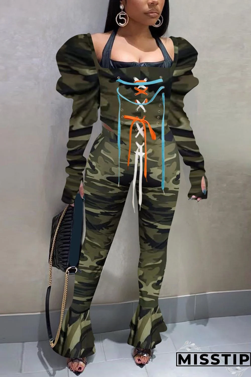 Army Green Sexy Casual Camouflage Print Strap Design Square Collar Long Sleeve Two Pieces