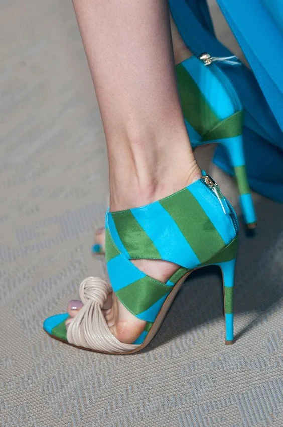 Blue and Green Evening Shoes Stripes Open Toe Stiletto Heel Sandals Nicepairs