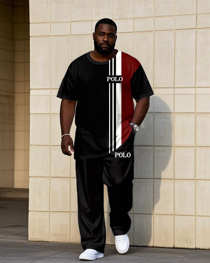 Men's Plus Size Black & Red Color-block Chest Small Label Printed Short-sleeved T-shirt Trousers Suit