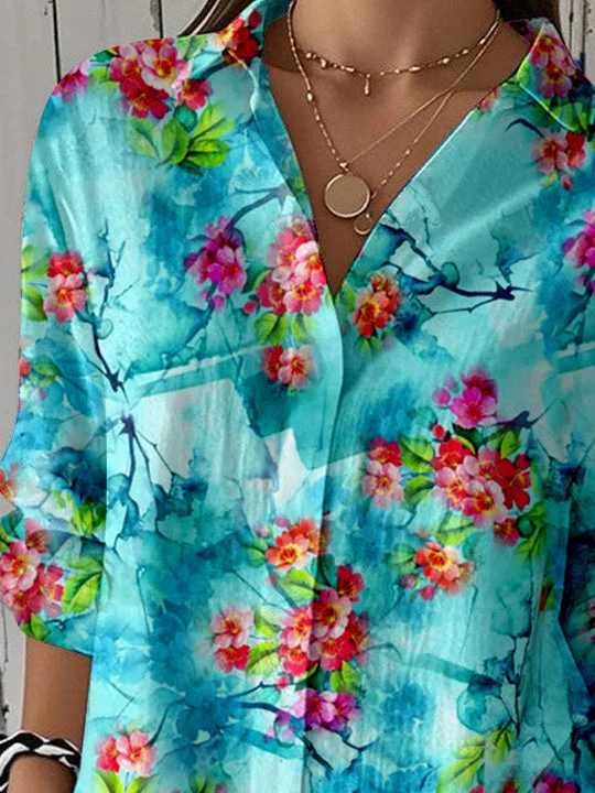 Women 3/4 Sleeve Shirt Collar Floral Printed Graphic Button Tops