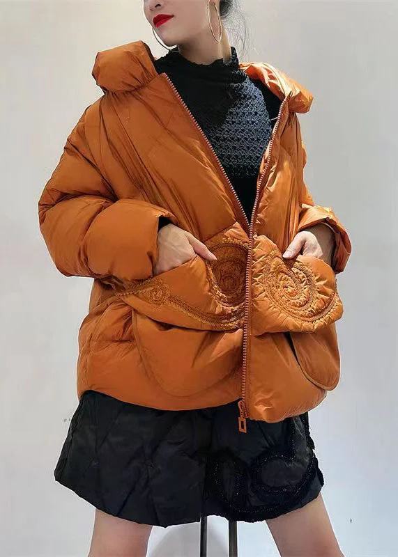 Chic Orange Zip Up Pockets Patchwork Duck Down Down Coats Winter