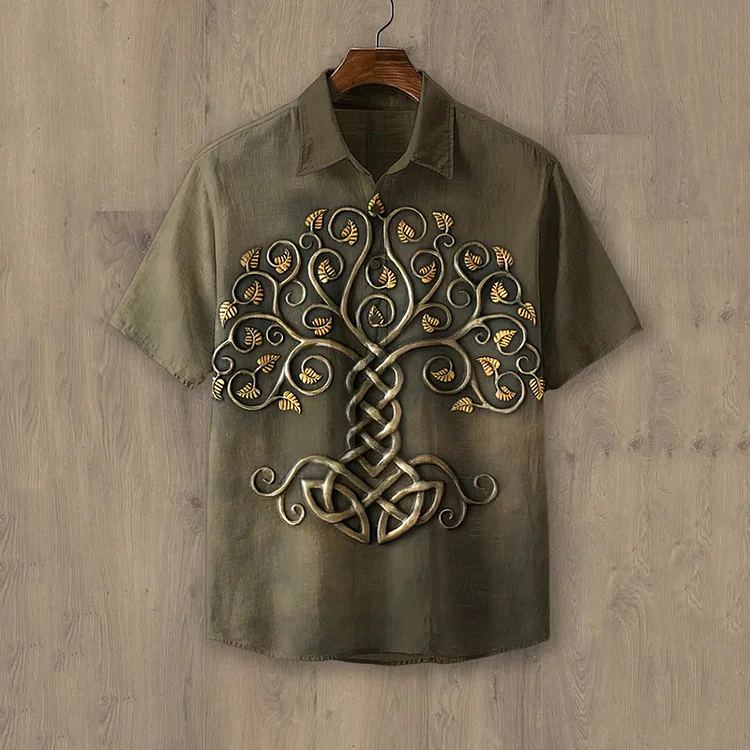 Men's Viking Life Of Tree Celtic Knot Embroidery Art Linen Shirts