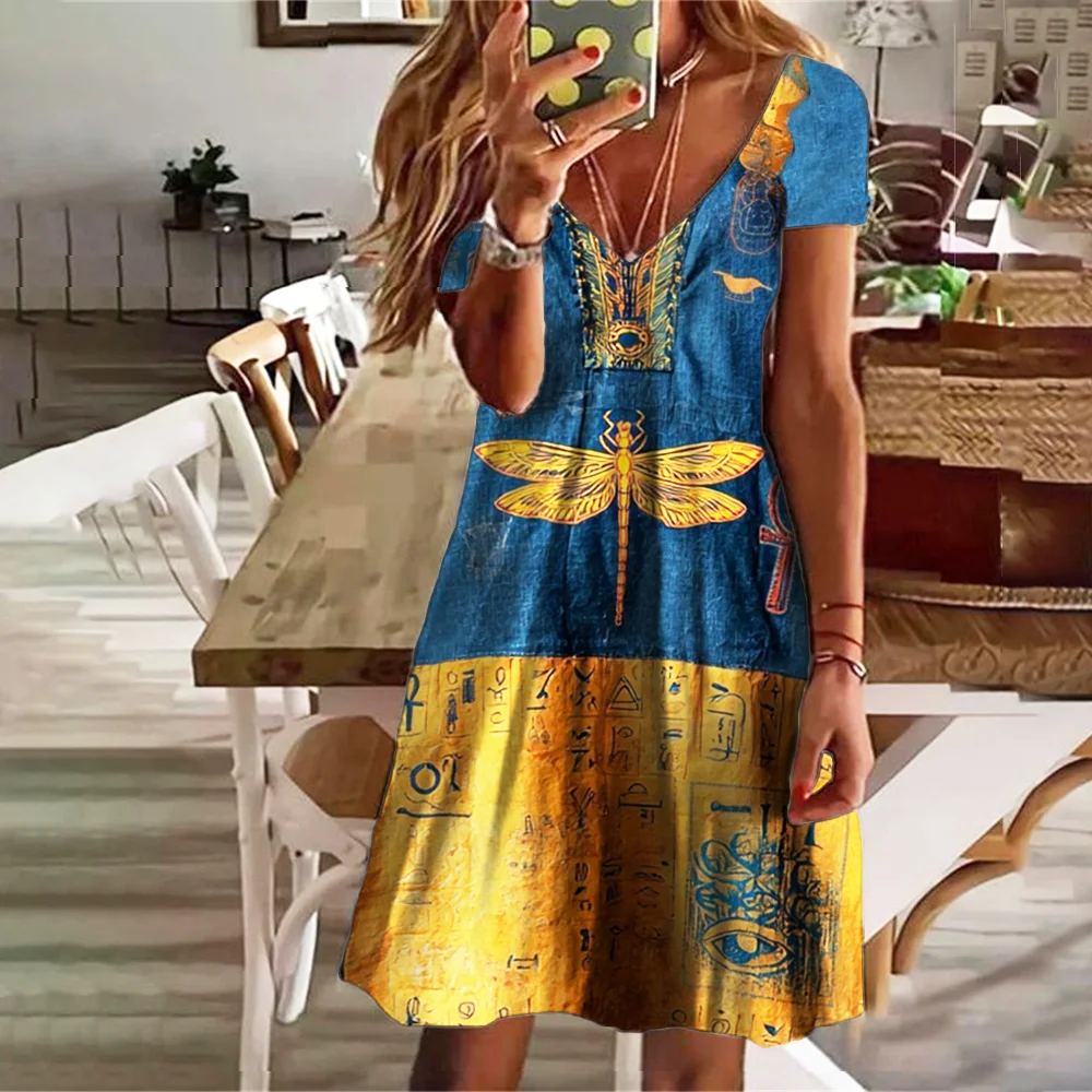 Vintage Egyptian Dragonfly Embroidery Women's V-neck Mini Dress