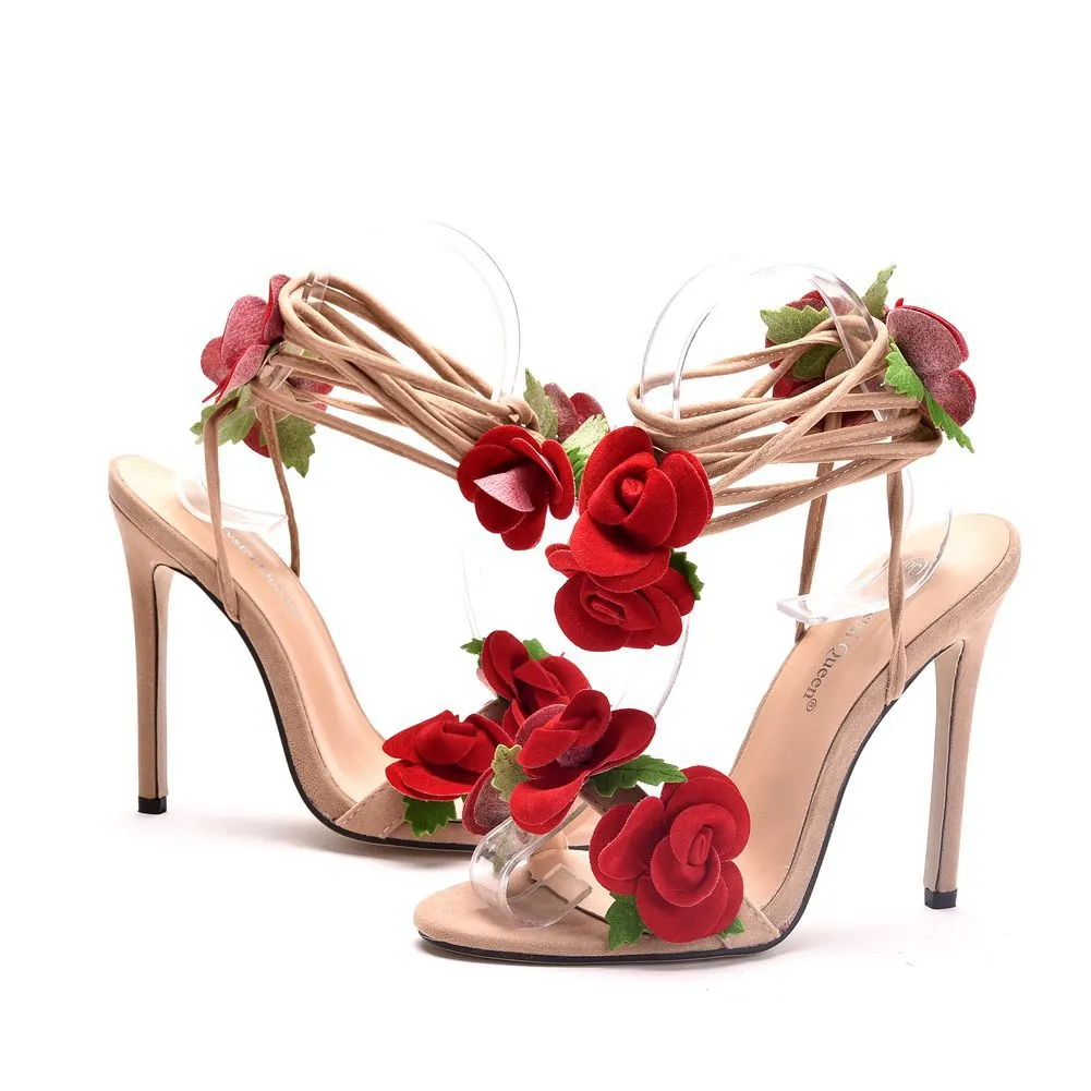 Breakj Breakj Cm Rose Flowers High Heel Sandals Large Size Hollow Strap Sandals Fashion Elegant Fish-Mouthed Sandals