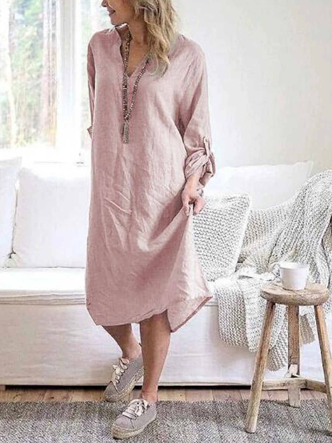 Long Sleeve Vintage Cotton Solid Casualdress