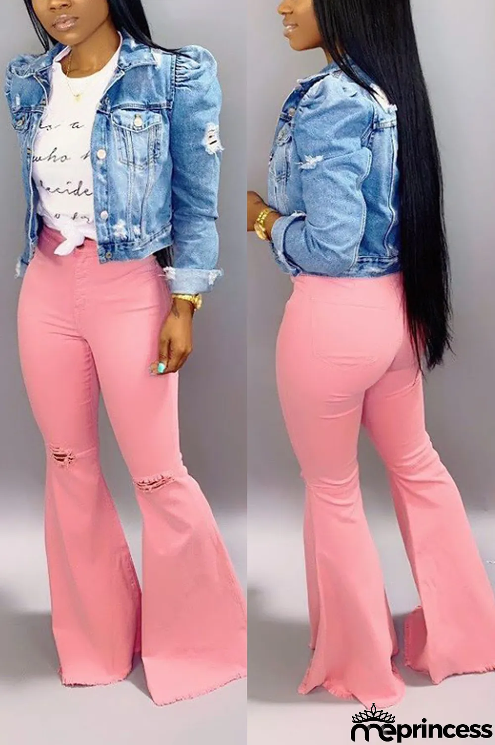 Pink Fashion Casual Denim Flared Pants