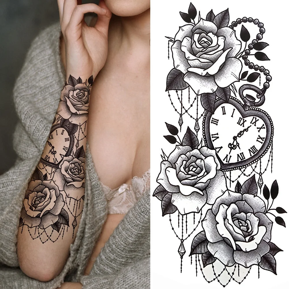 Clock Flower Tattoo Sticker Fake Tiger Lion Deer Snake Temporary Tattoo For Momen Kids Black Evil Devil Tribal Totem Tatoo Paper 712