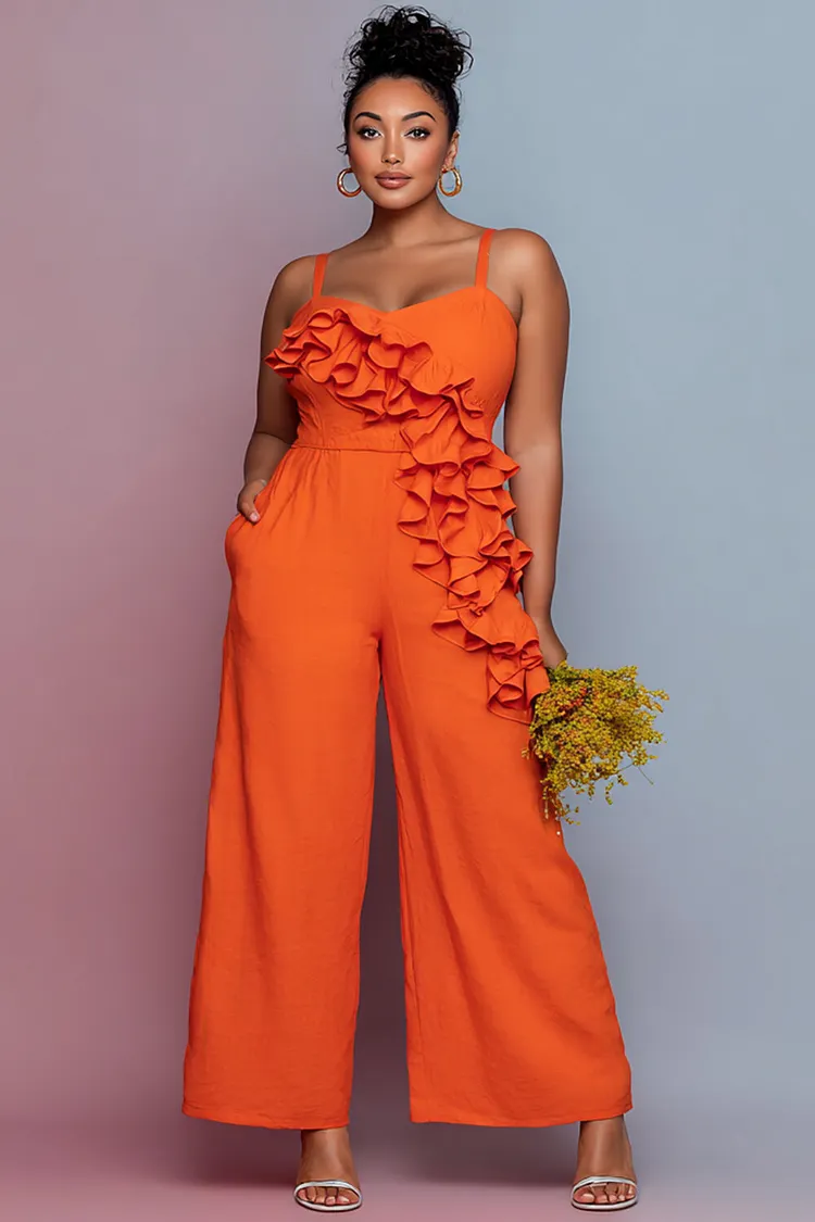 Xpluswear Design Plus Size Vacation Orange V Neck Ruffle Pocket Jumpsuits [Pre-Order] 2024 - Xpluswear