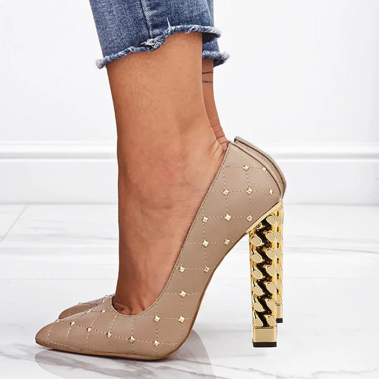 Nude Studded Decorative Heels Closed Pointed Toe Pumps Vdcoo