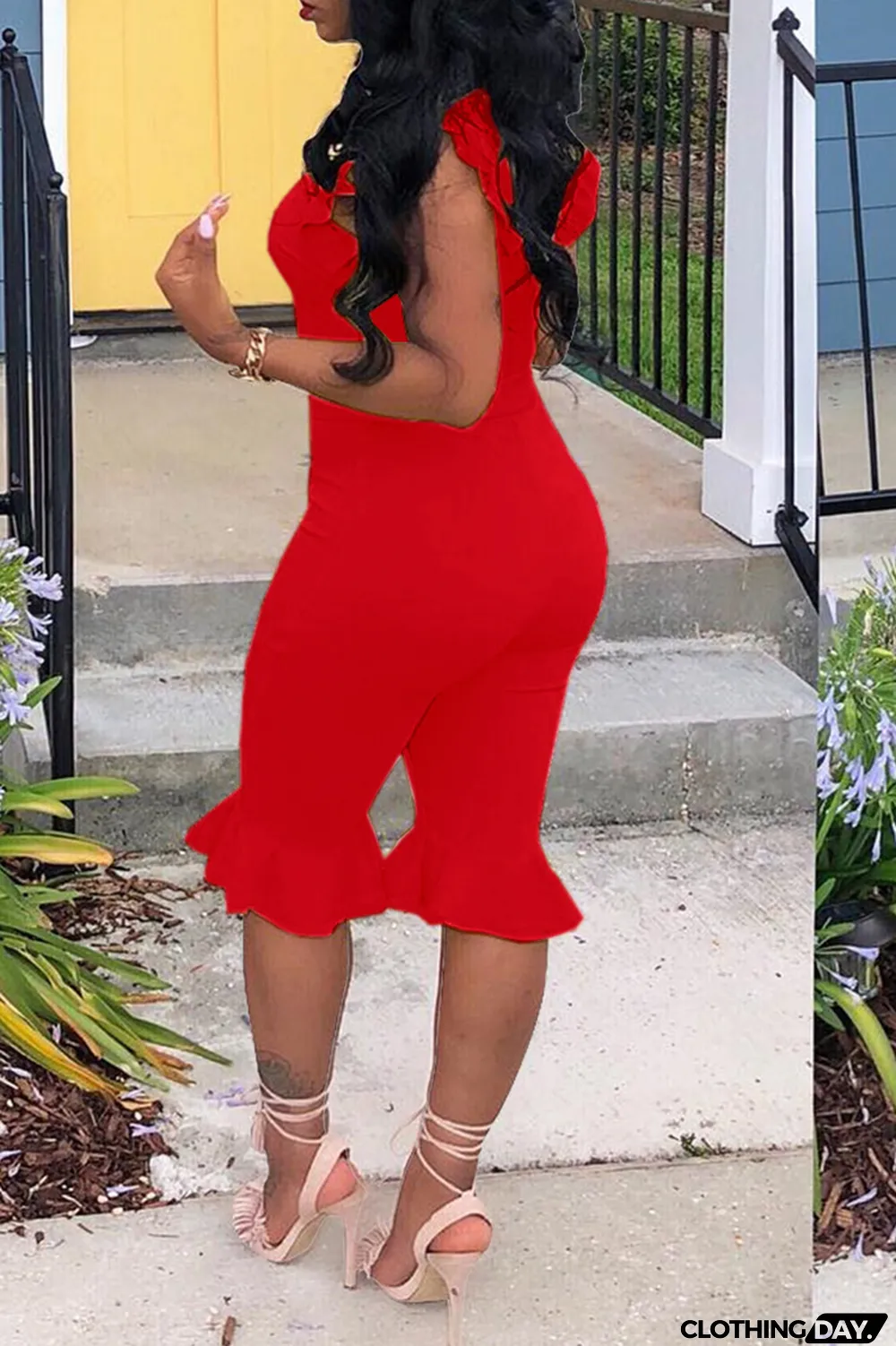 Red Casual Solid Flounce O Neck Regular Jumpsuits