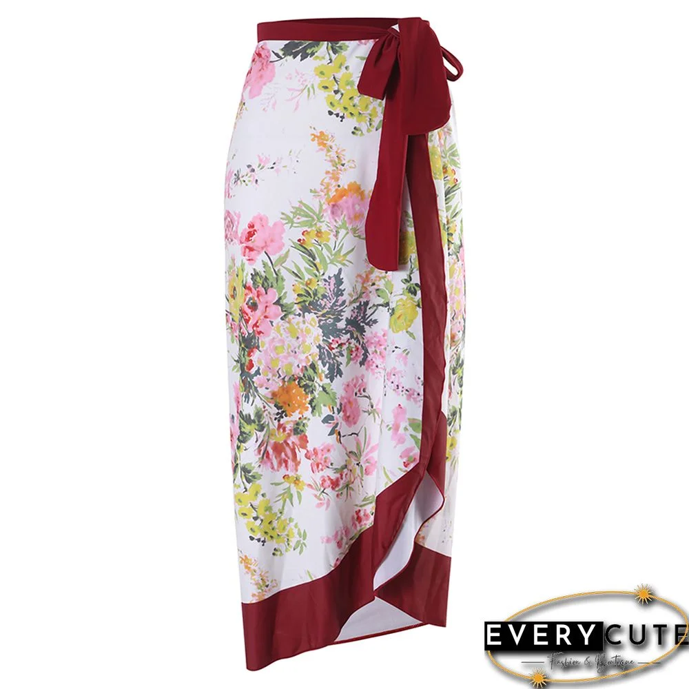 Pink Floral Print Chiffon Beach Wrap Skirt