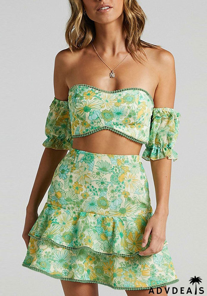 Women Sexy Printed Puff Sleeve Top and Skirt Casual Two-piece Set