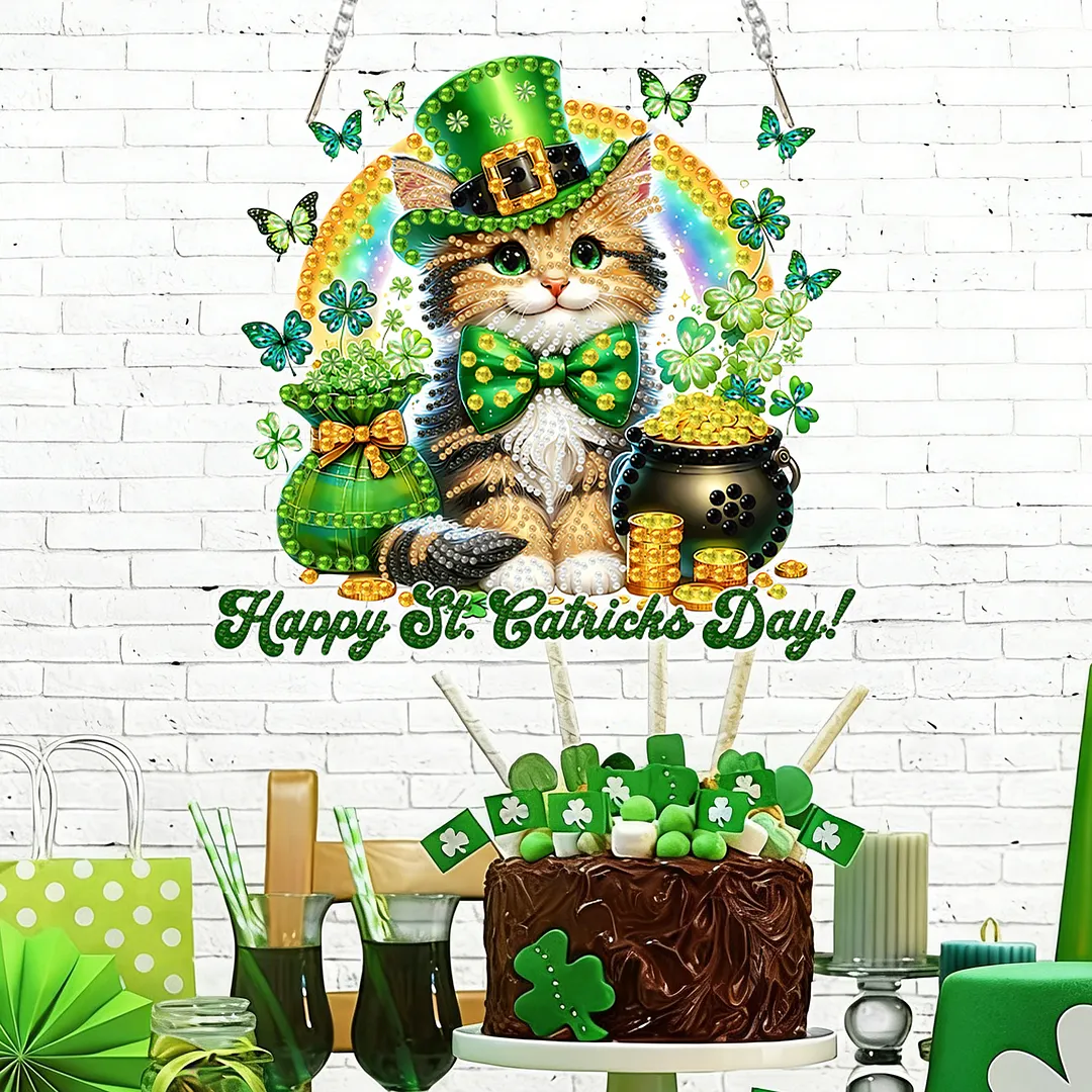 St Patricks Day Cat DIY 2D Flat Acrylic Diamond Painting Kits 5D Diamond Art Painting Window Pendants for Home Garden Wall Decoration