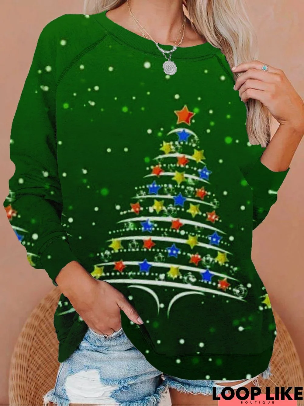 Christmas Xmas Tree Long Sleeve Round Neck Printed Top Sweatshirt Xmas Hoodies