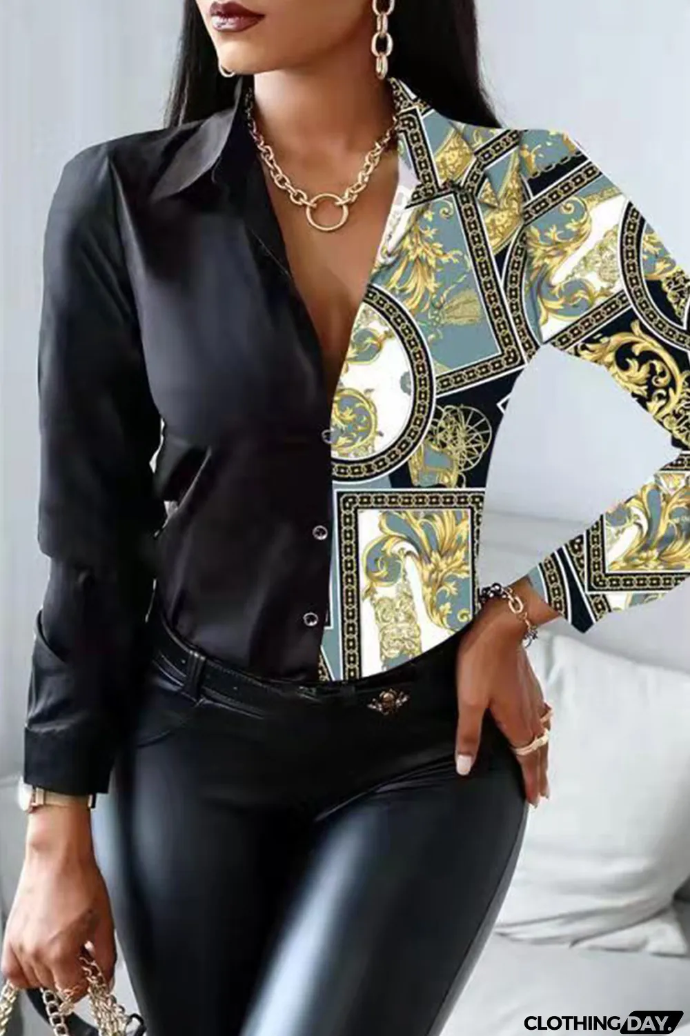 White Fashion Casual Print Patchwork Turndown Collar Tops