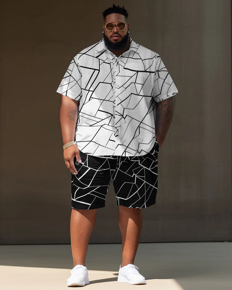 Men's Large Size Casual Classic Retro Color Block Cracked Street Short Shirt Shorts Suit