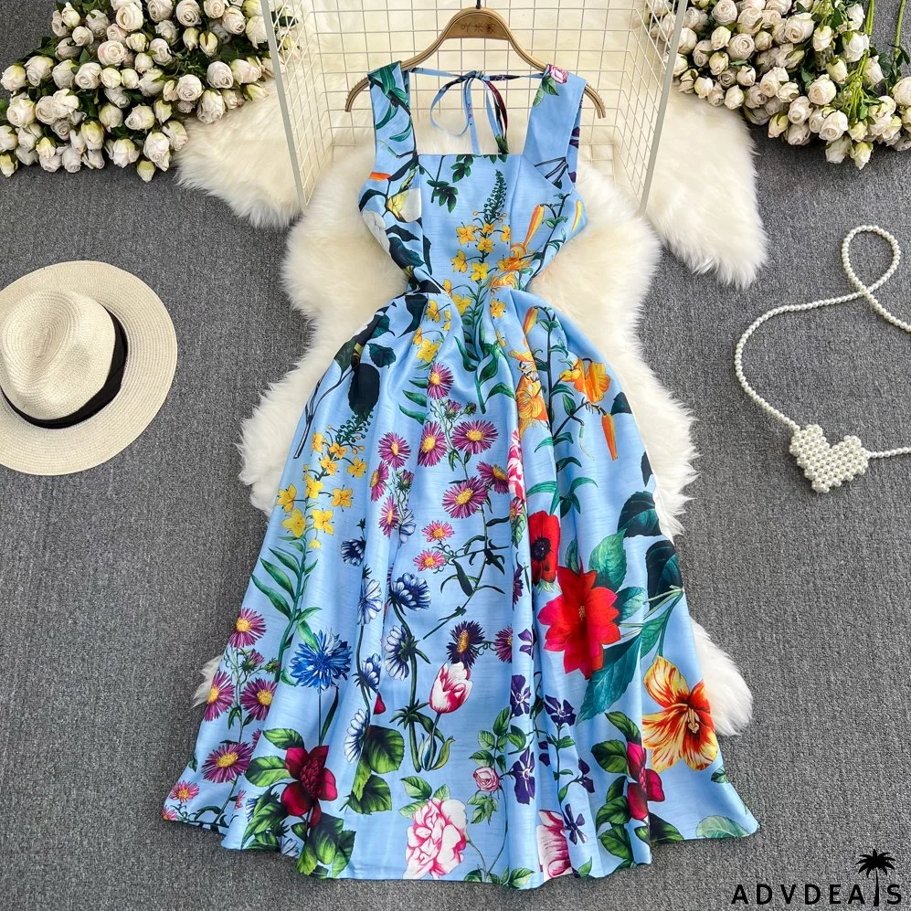 Retro Straps Fashionable Printed Slim Waist A-Line Dress Beach Holidays Long Dress