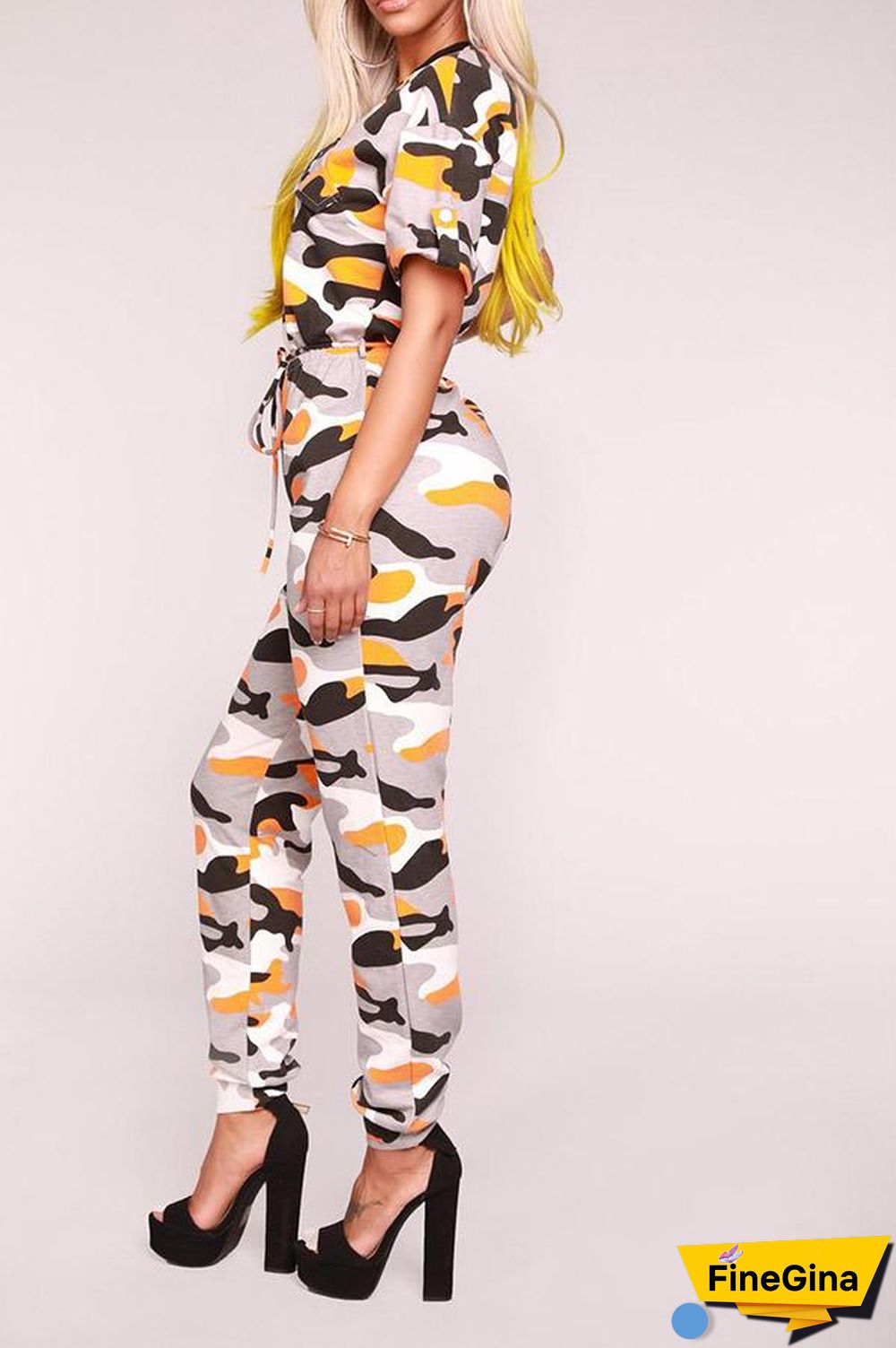 Camouflage Printed Short Sleeve Zipper Jumpsuit