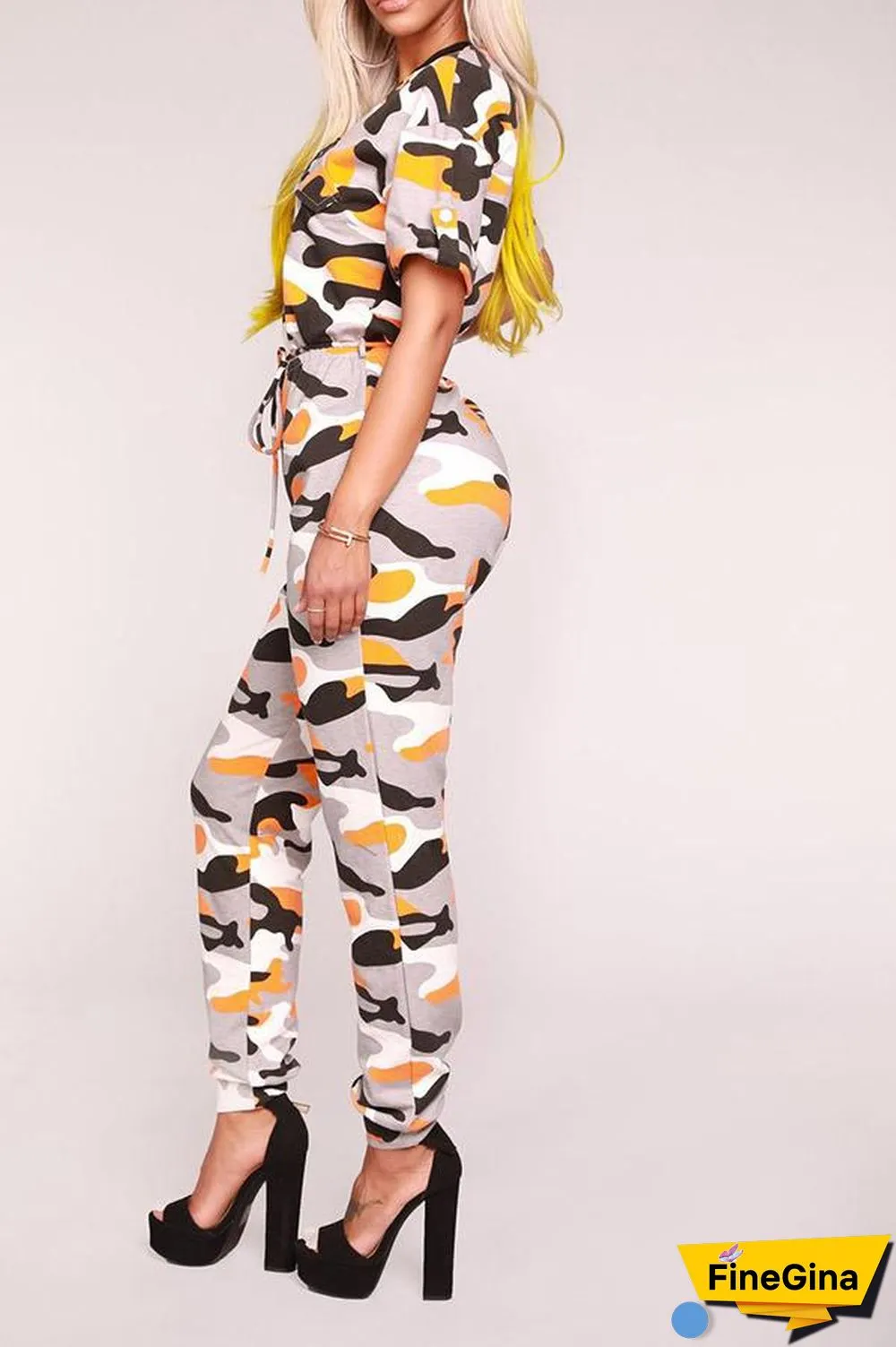 Camouflage Printed Short Sleeve Zipper Jumpsuit