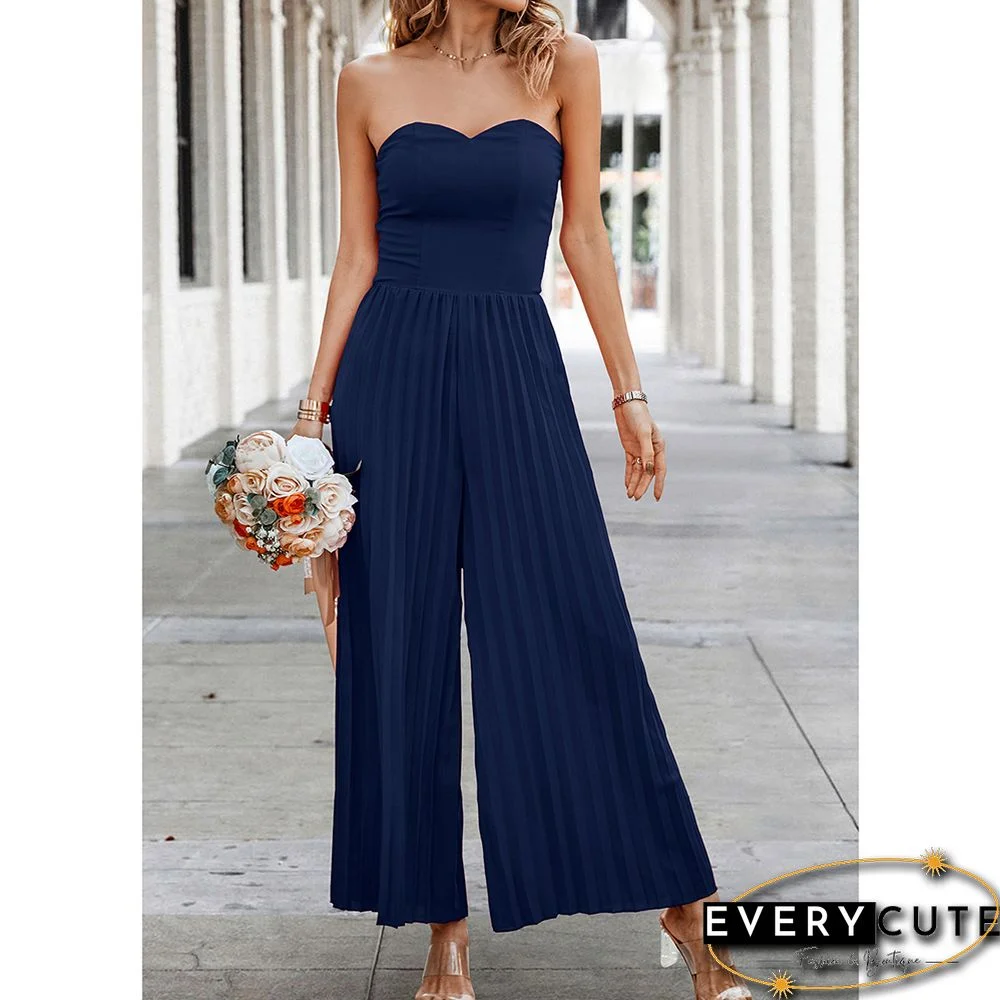 Navy Blue Smocked Tube Wide Leg Casual Jumpsuit