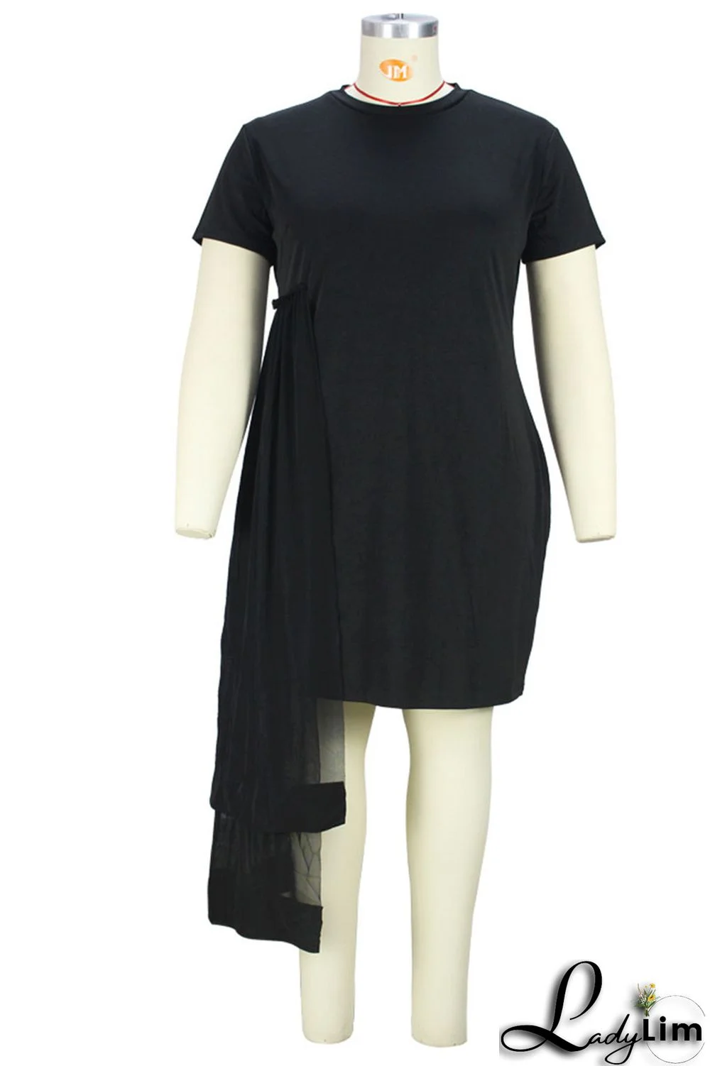 Black Solid Patchwork O Neck One Step Skirt Plus Size Dresses