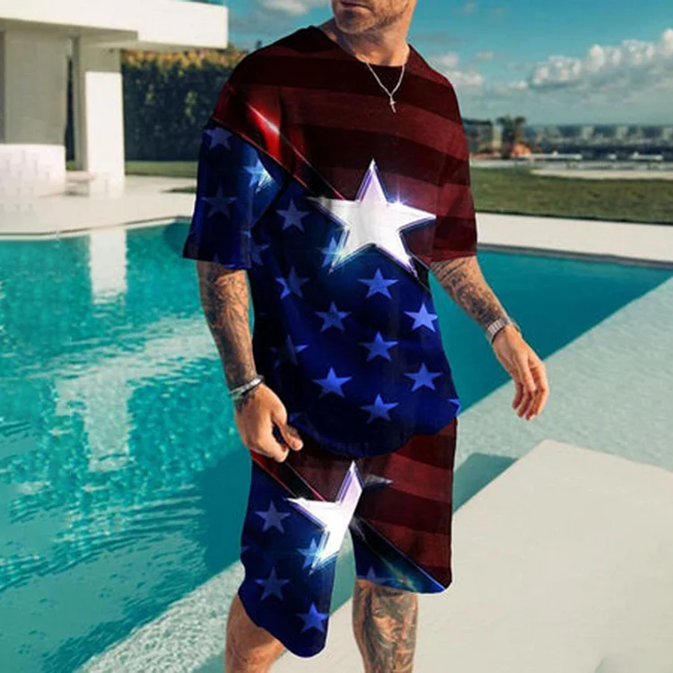 BrosWear Men'S Star Independence Day Print T-Shirt And Shorts Co-Ord