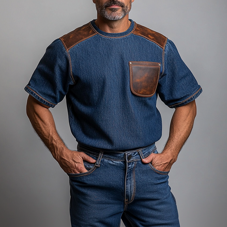 Men's Denim PU Leather Patchwork Chest Pocket Short Sleeve T-Shirt