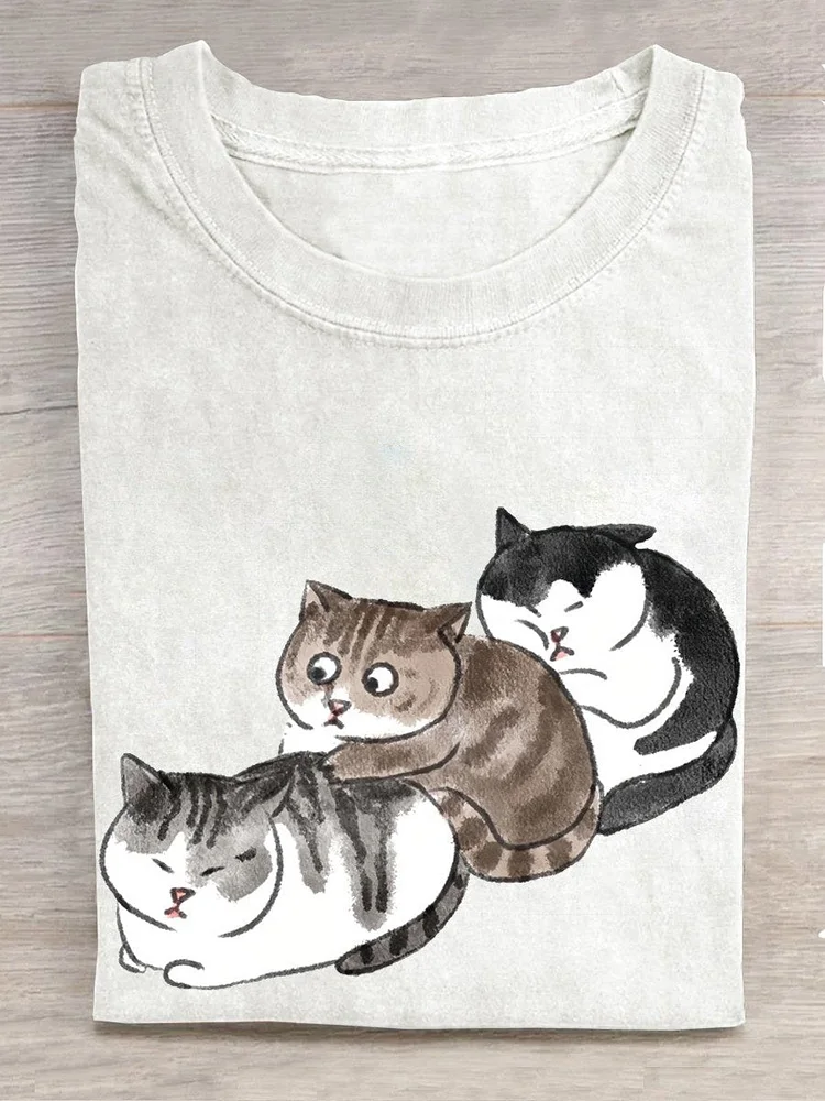 Funny Cat Art Print Short Sleeve Casual T-shirt