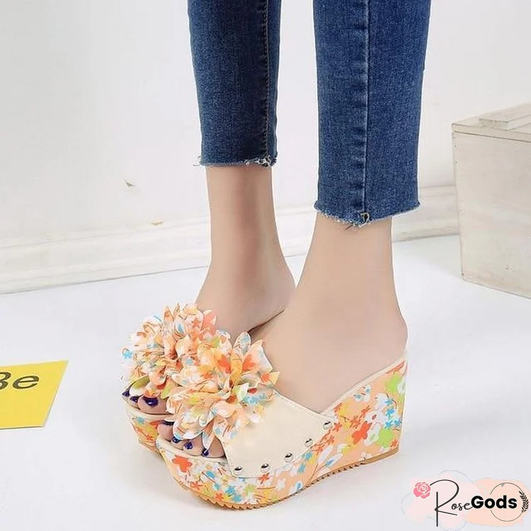 Women Thick Floral Flower Wedge Sandals High Heel Slipper Sandal Shoes