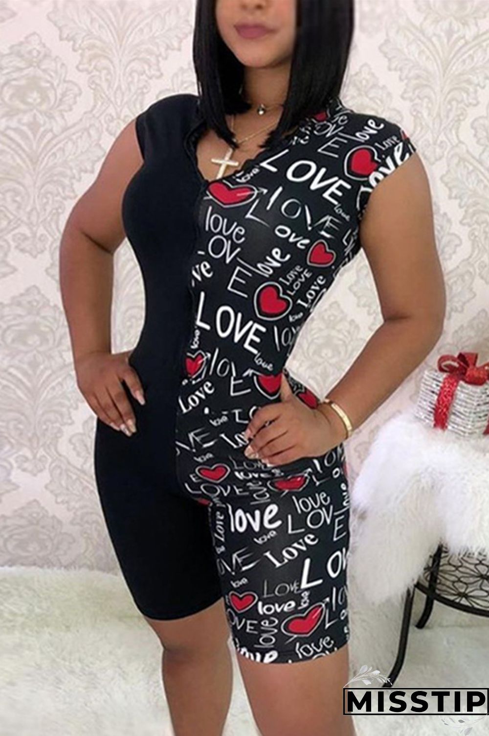 Navy Blue Sexy Fashion zipper Patchwork letter Print Short Sleeve V Neck