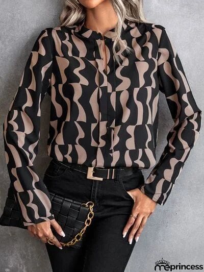 Printed Notched Long Sleeve Blouse