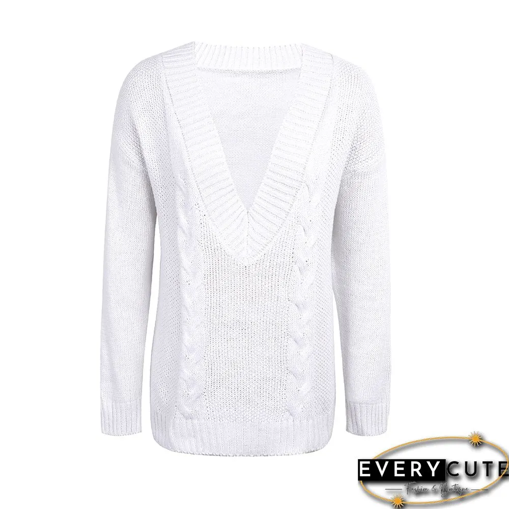 White Off Shoulder Cable V Neck Sweater