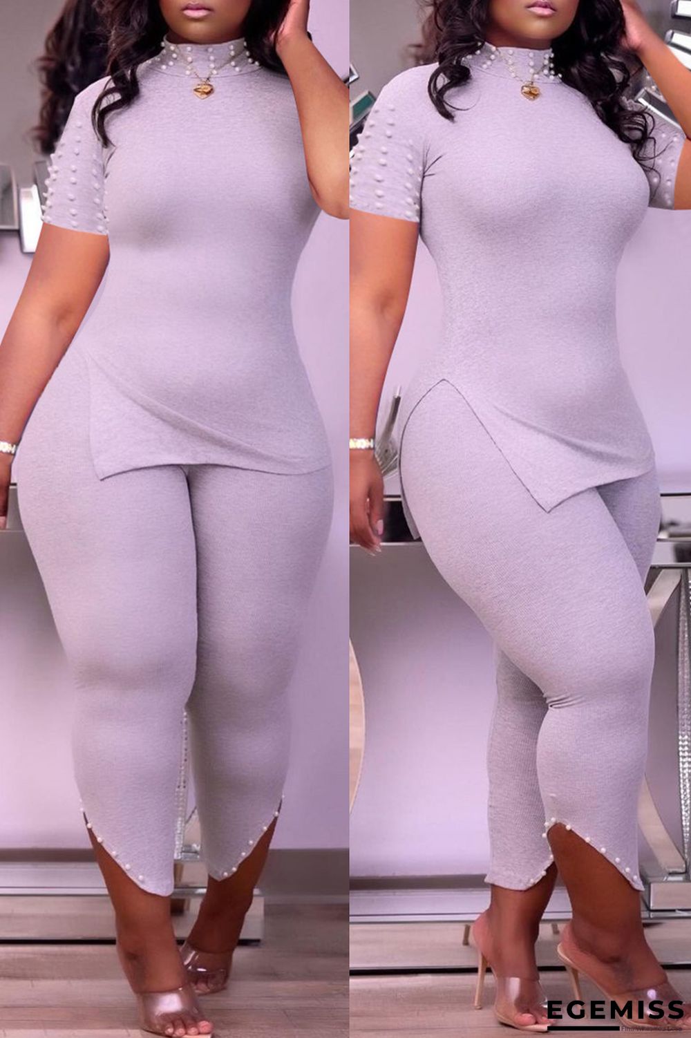 Grey Fashion Casual Solid Slit Beading Turtleneck Short Sleeve Two Pieces | EGEMISS