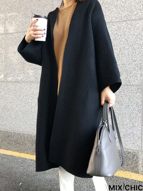 Long Sleeves Loose Solid Color Collarless Woolen Coat