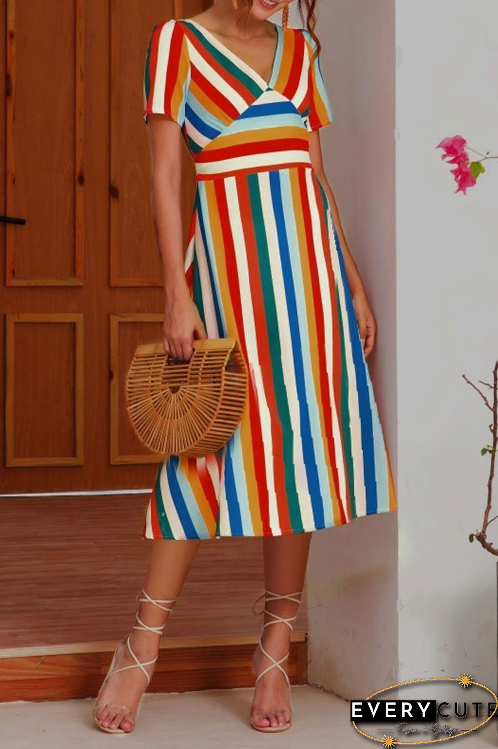 V Neck Striped Women Love Midi Dress