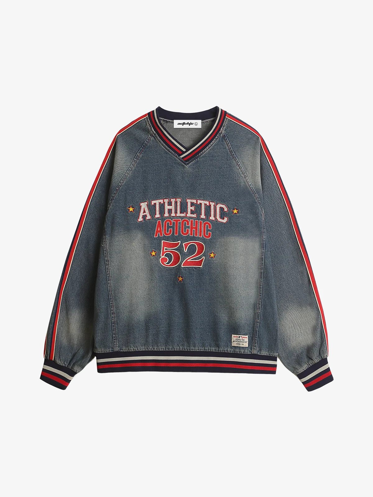 Blue Actchic Varsity Inspired Washed Denim Sweatshirt Front