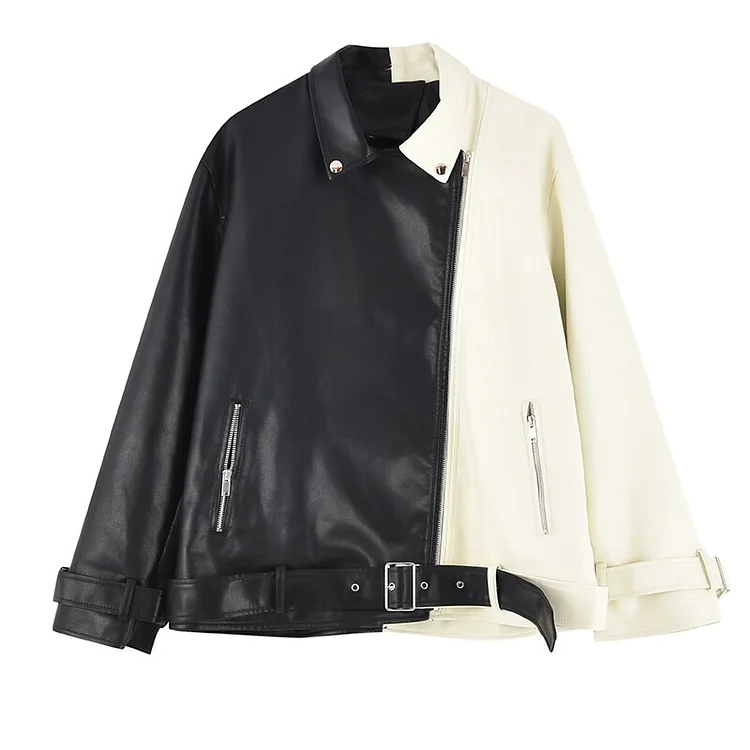 Chic Loose Lapel Contrast Color Long Sleeve Zip-up PU Faux Leather Jacket
