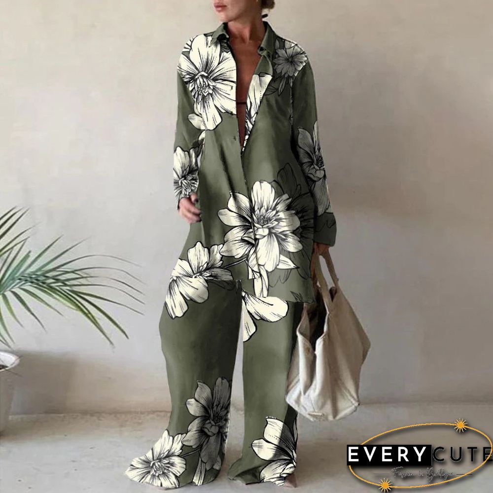 Summer Fashion Printed Loose Long Sleeves Shirts Straight Pants Two Piece Suits New Streetwear Women's Winter Elegant Commuting