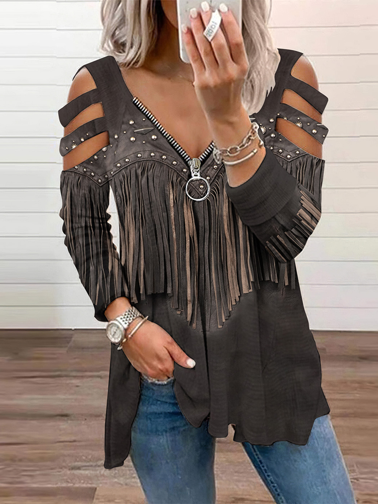 Comstylish Western Fringed Print Off-The-Shoulder Long Sleeved T-Shirt