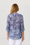 Back view of blue and white abstract printed blouse for senior fashion