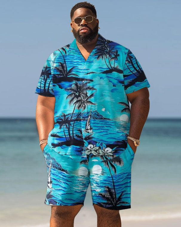 Big Guys Hawaiian Seaside Coconut Tree Print Shirt Shorts Set