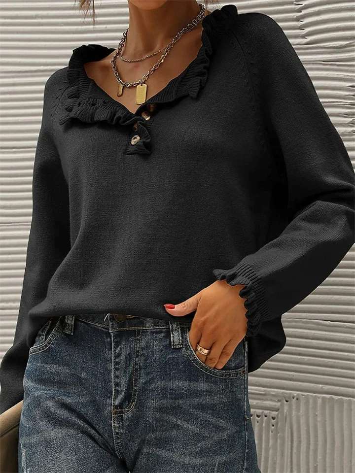 Solid Color Casual Long Sleeve Button Ruffle Pullover Sweater