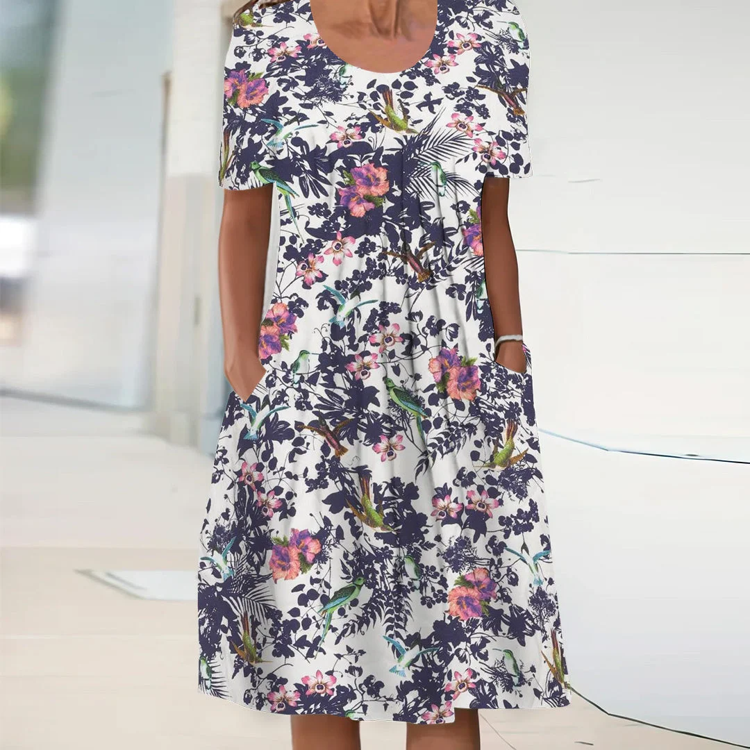 Women's Short Sleeve Scoop Neck Floral Printed Graphic Midi Dress