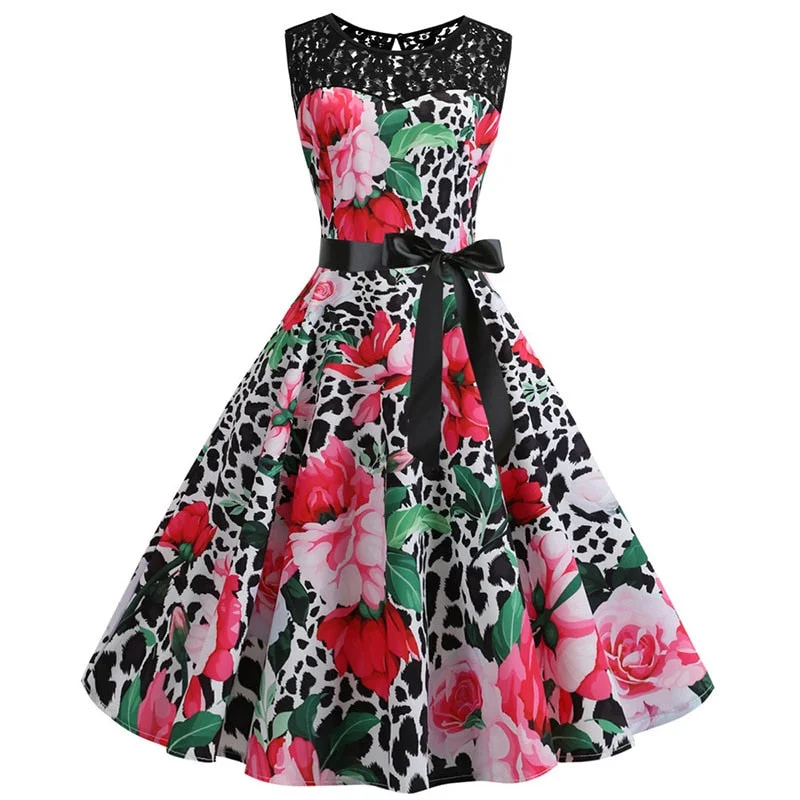Lace Patchwork Floral Print Women Summer Dress Hepburn 50s 60s Elegant Vintage Dress Office Ladies A-Line Party Dresses Belt