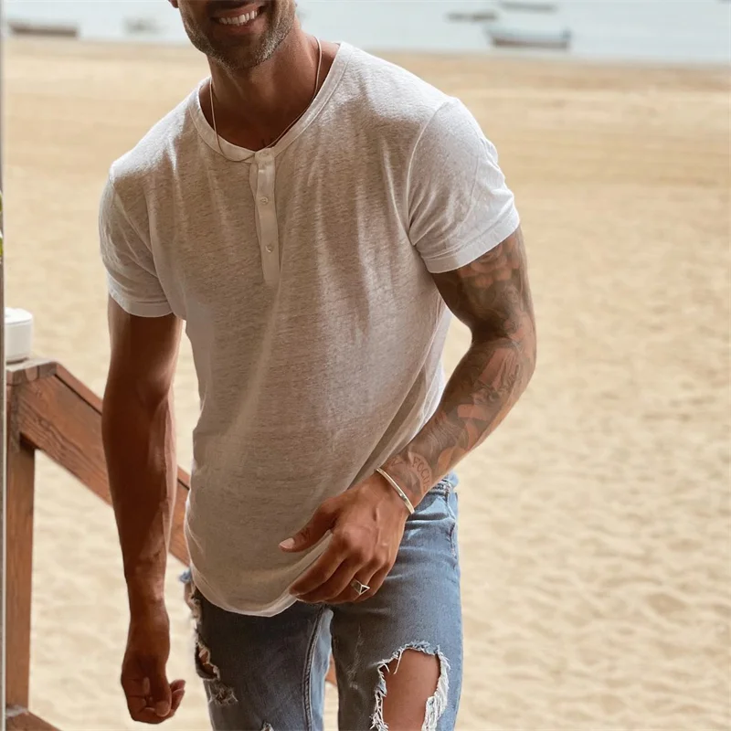 Men's Resort Style Crew Neck Linen T-shirt